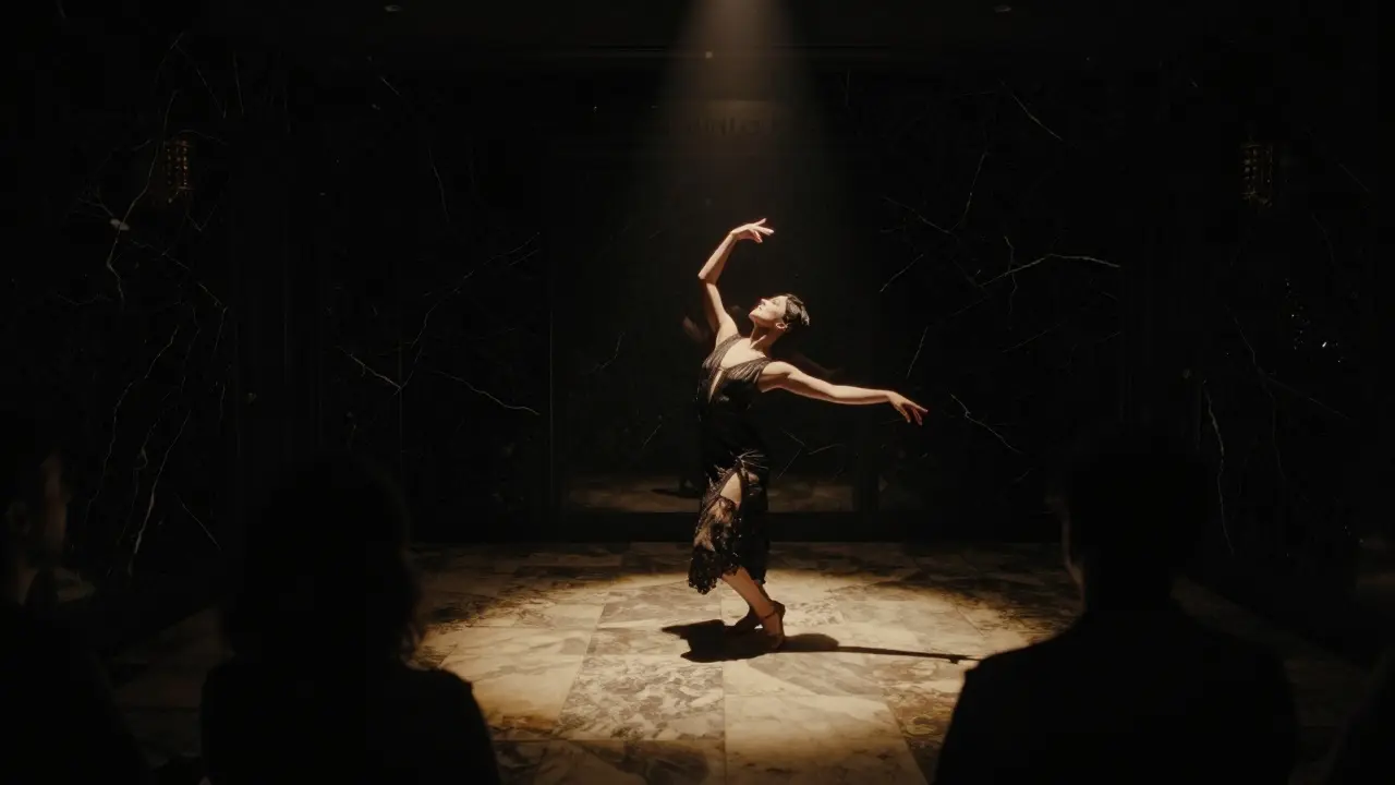 A silent performance in a black onyx lounge, with a dancer in 1920s attire under a spotlight, surrounded by shadow and scent.