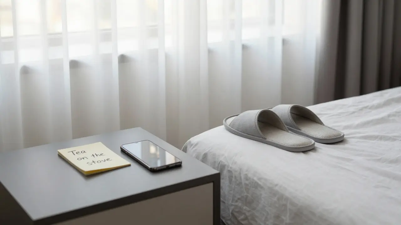 A smartphone and handwritten note beside a pair of slippers in a Dubai bedroom at dawn.