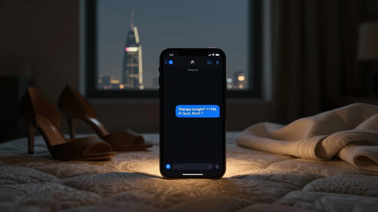 A smartphone displays coded Telegram messages for a private session, beside robes and heels in a dark room.