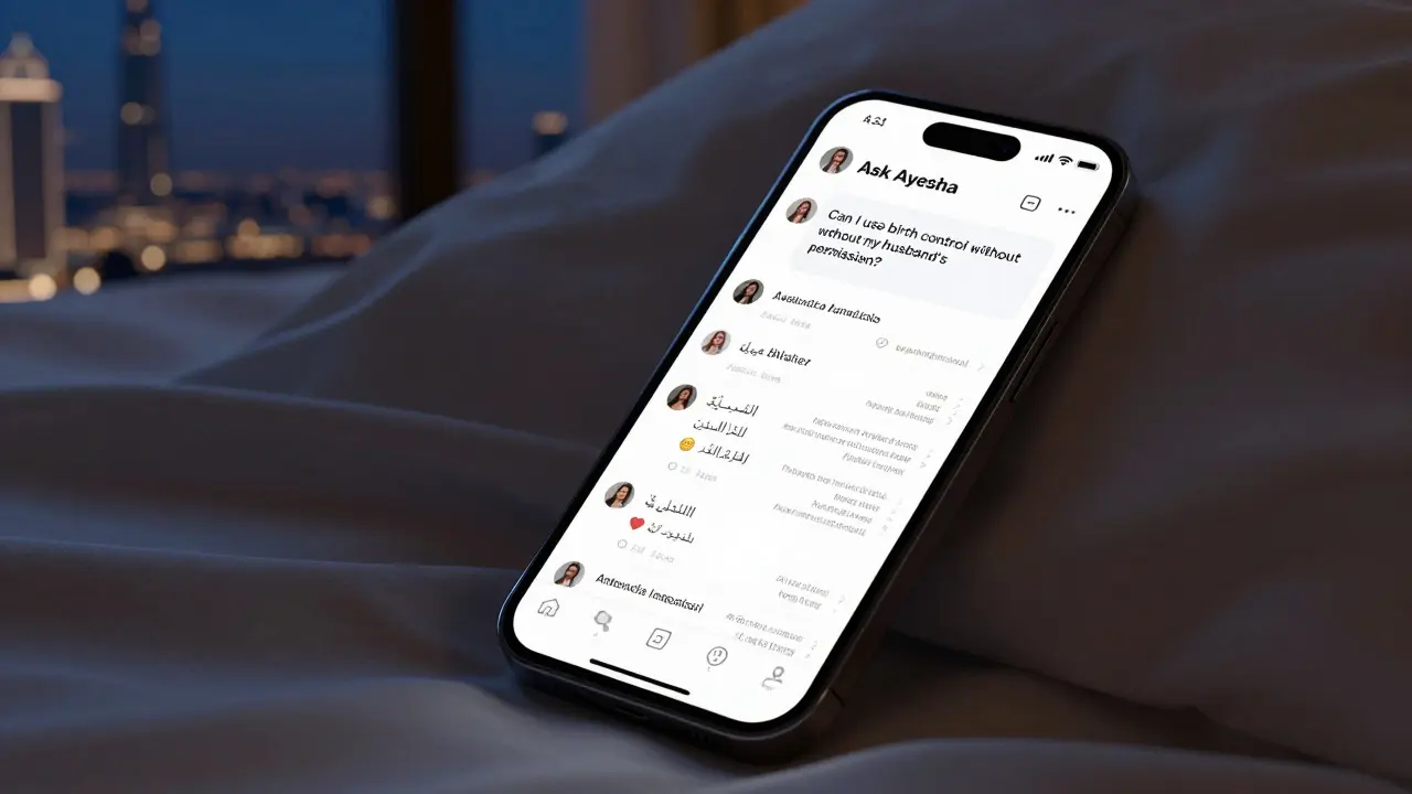 A smartphone showing an anonymous Instagram page answering women's questions about sexual rights in Dubai.