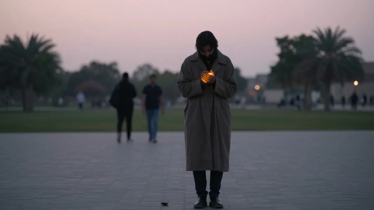 A solitary figure in a Dubai park at dawn, standing quietly as if remembering a moment of human connection.
