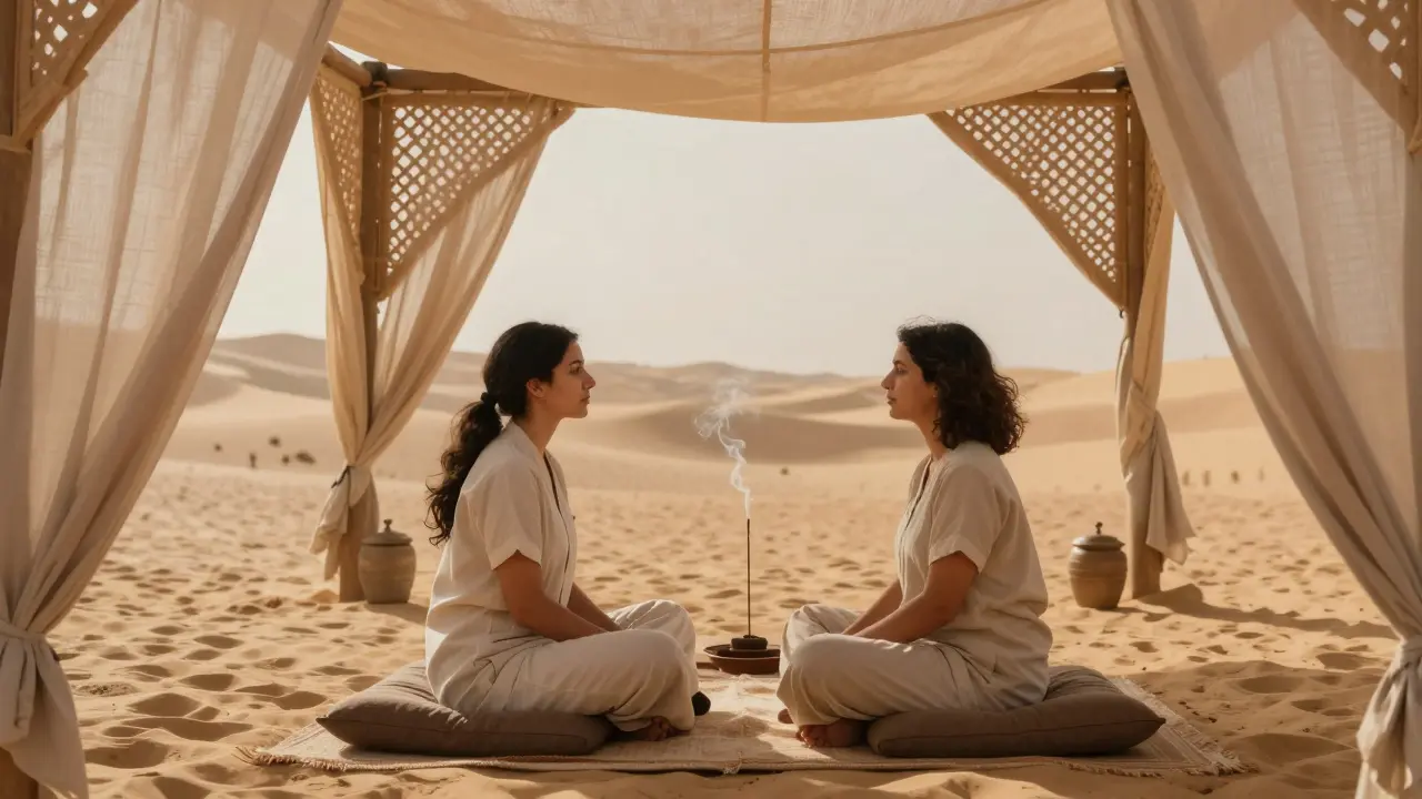 A therapist and client sit in quiet conversation during a somatic therapy consultation, surrounded by desert-inspired decor.