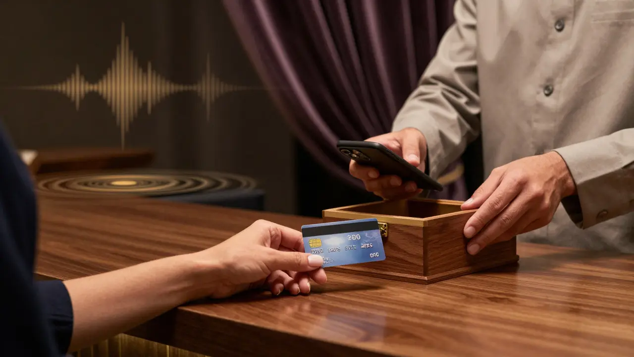 A woman's hand handing over her phone to staff, as it is secured in a locked box at a discreet venue.
