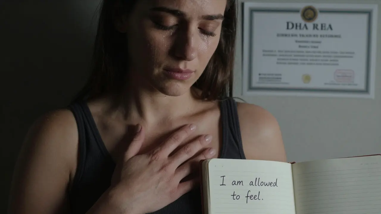 A woman’s hand on her chest in quiet reflection, with a licensed wellness center certificate visible, symbolizing self-discovery and empowerment.