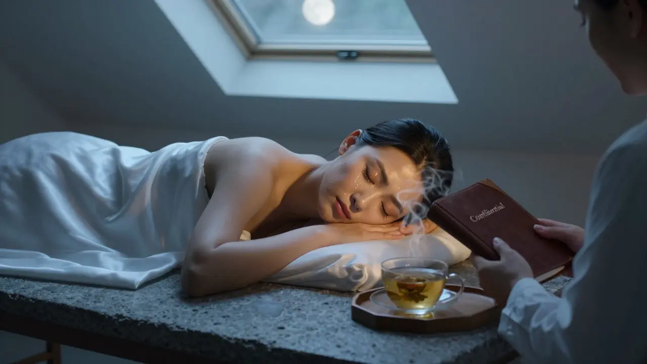 A woman sleeps peacefully after a therapeutic session, moonlight casting soft light as a therapist closes a confidential journal.