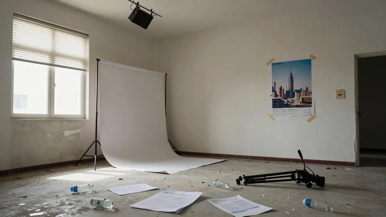 Abandoned studio apartment with broken equipment and torn contracts.