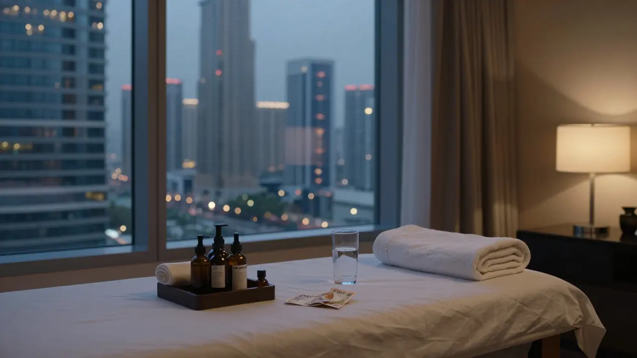 An empty luxury massage room in Palm Jumeirah with a folded bill and half-drunk glass on the nightstand.