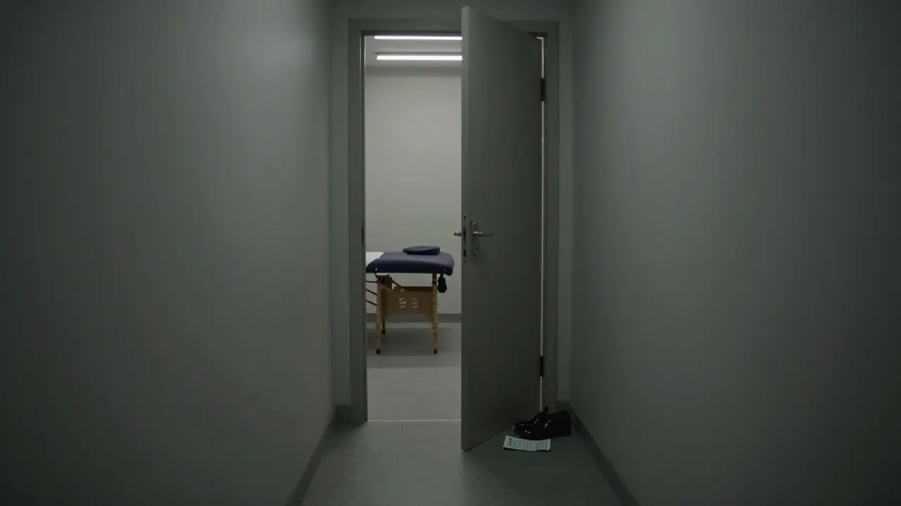 An empty residential hallway in Al Barsha at night, a massage room visible through an open door.