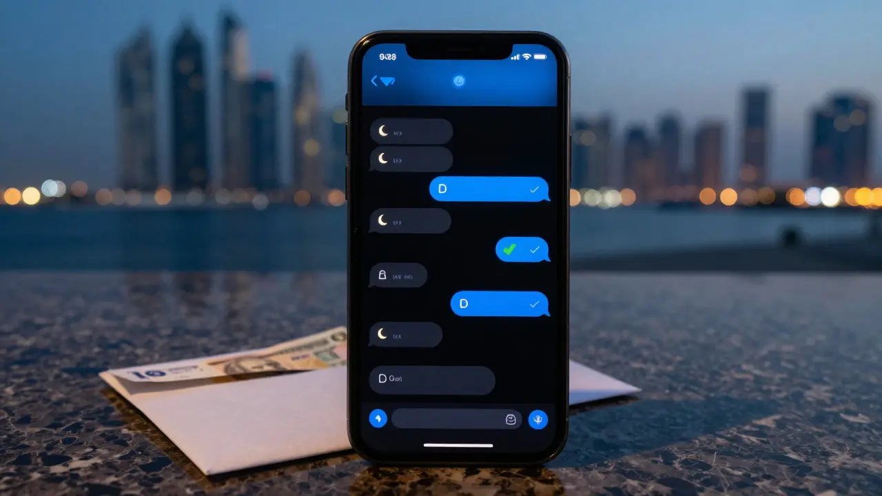 An encrypted Telegram chat on a phone beside cash, with Dubai Marina lights blurred in the background.