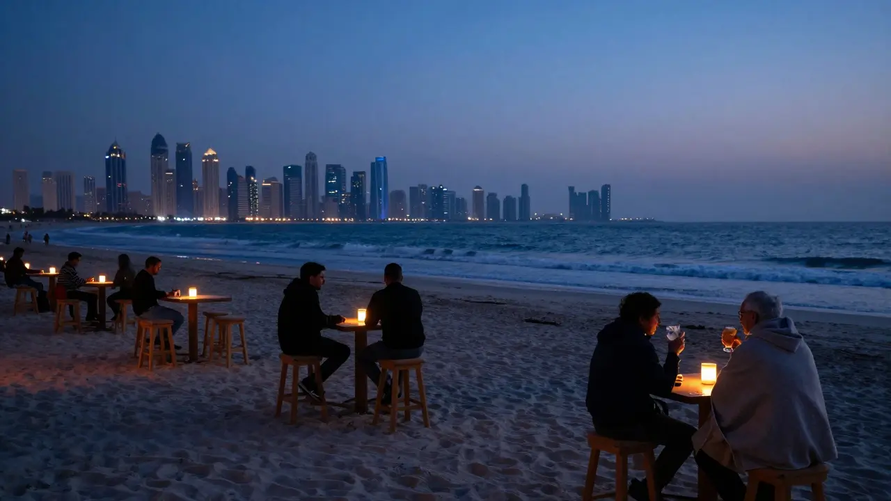 Beachfront bar at 3 a.m. with patrons silhouetted against ocean and skyline, candlelight and calm waves.