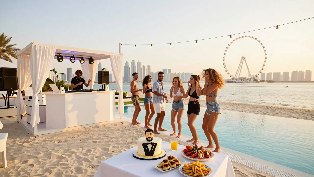 Beachfront pool club with DJ, custom cake, and Ain Dubai Ferris wheel in the background.