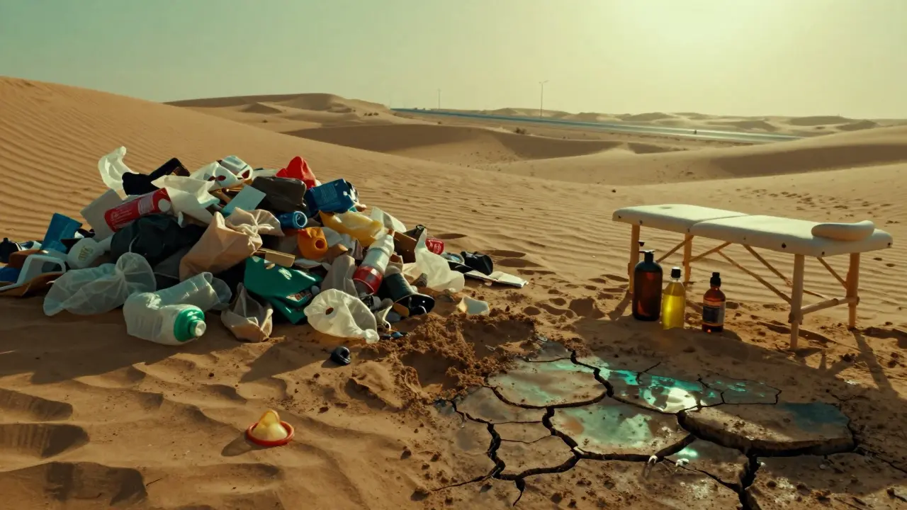 Contaminated desert soil with discarded plastic and massage oil residue near Dubai’s highways.