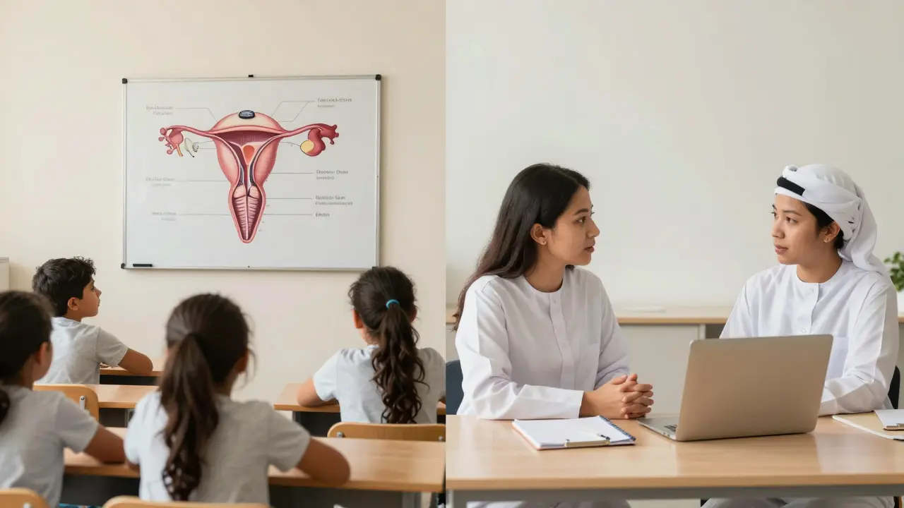 Contrasting a sterile Dubai classroom with a therapeutic body-awareness session, showing two approaches to sexual education.