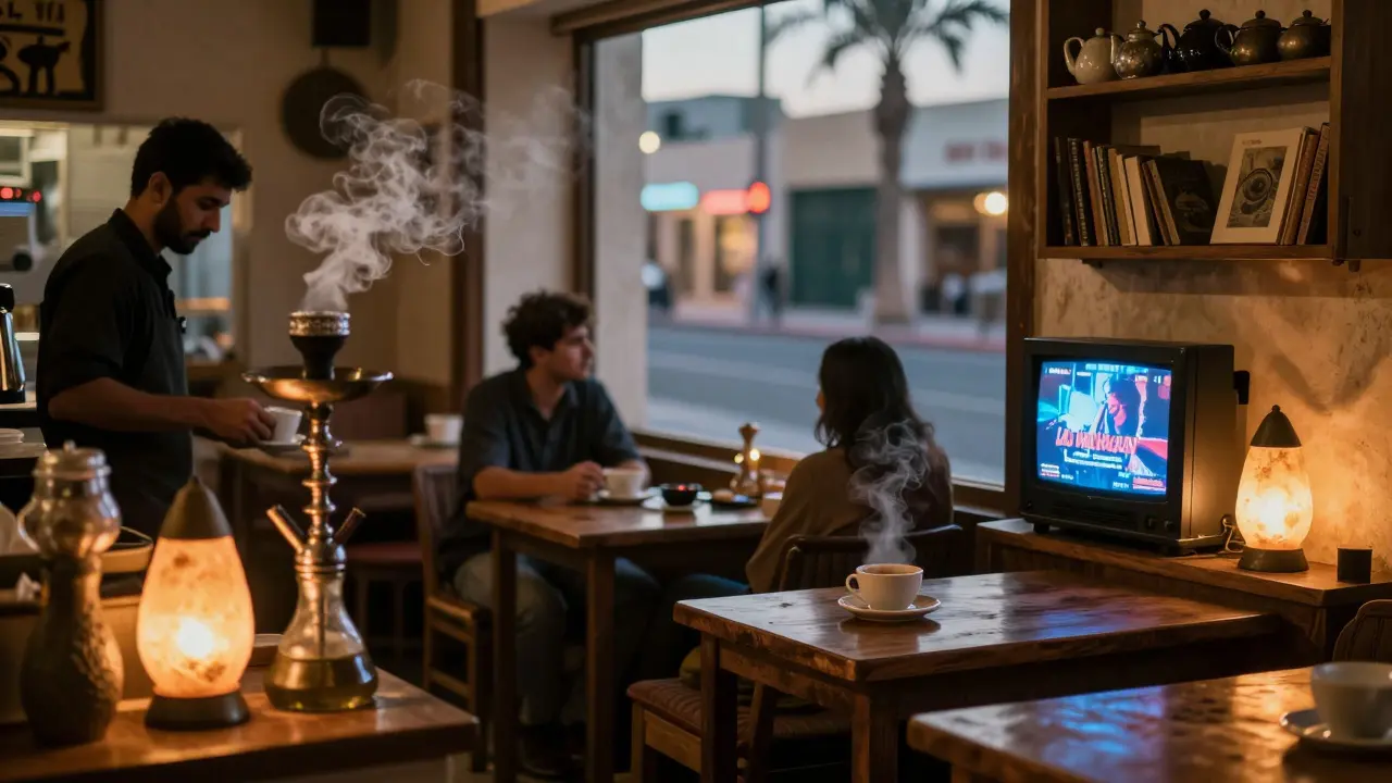 Cozy 24-hour café at dawn with customer gazing out window, warm lighting and shisha smoke.