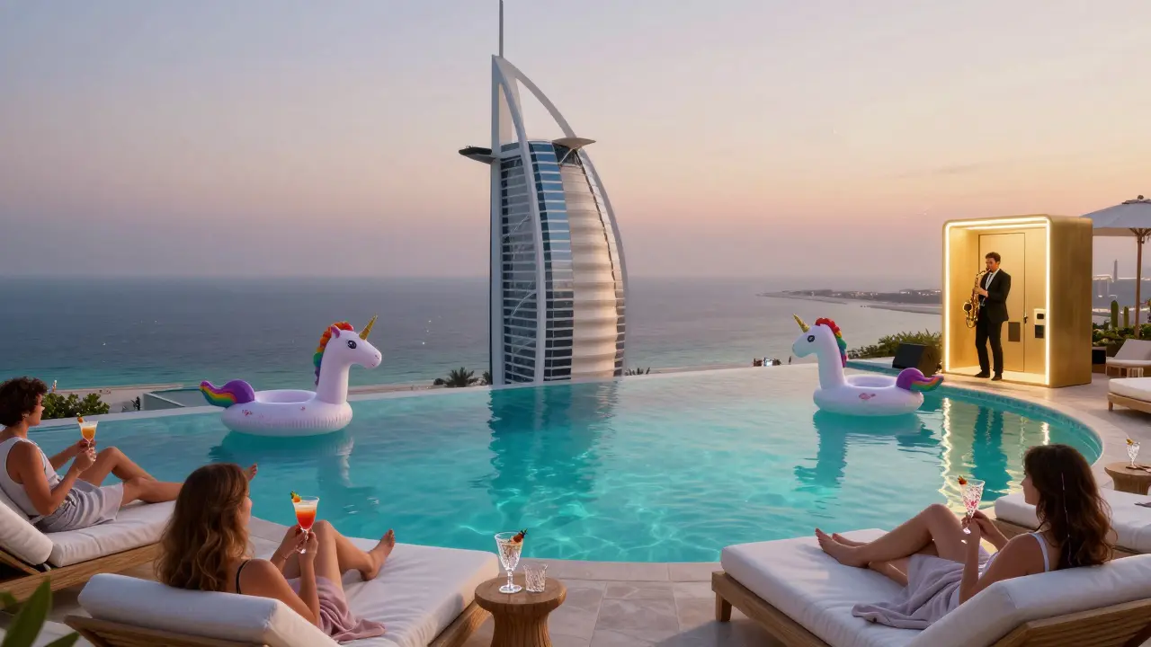 Crescent infinity pool at Burj Al Arab with white sunbeds, saxophonist, and unicorn floaties.
