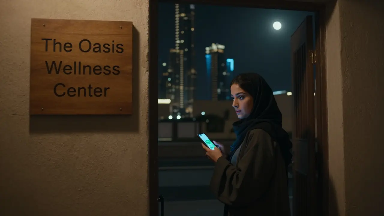 Discreet entrance to a wellness center in a Dubai alley at night, with a woman stepping inside under neon glow.