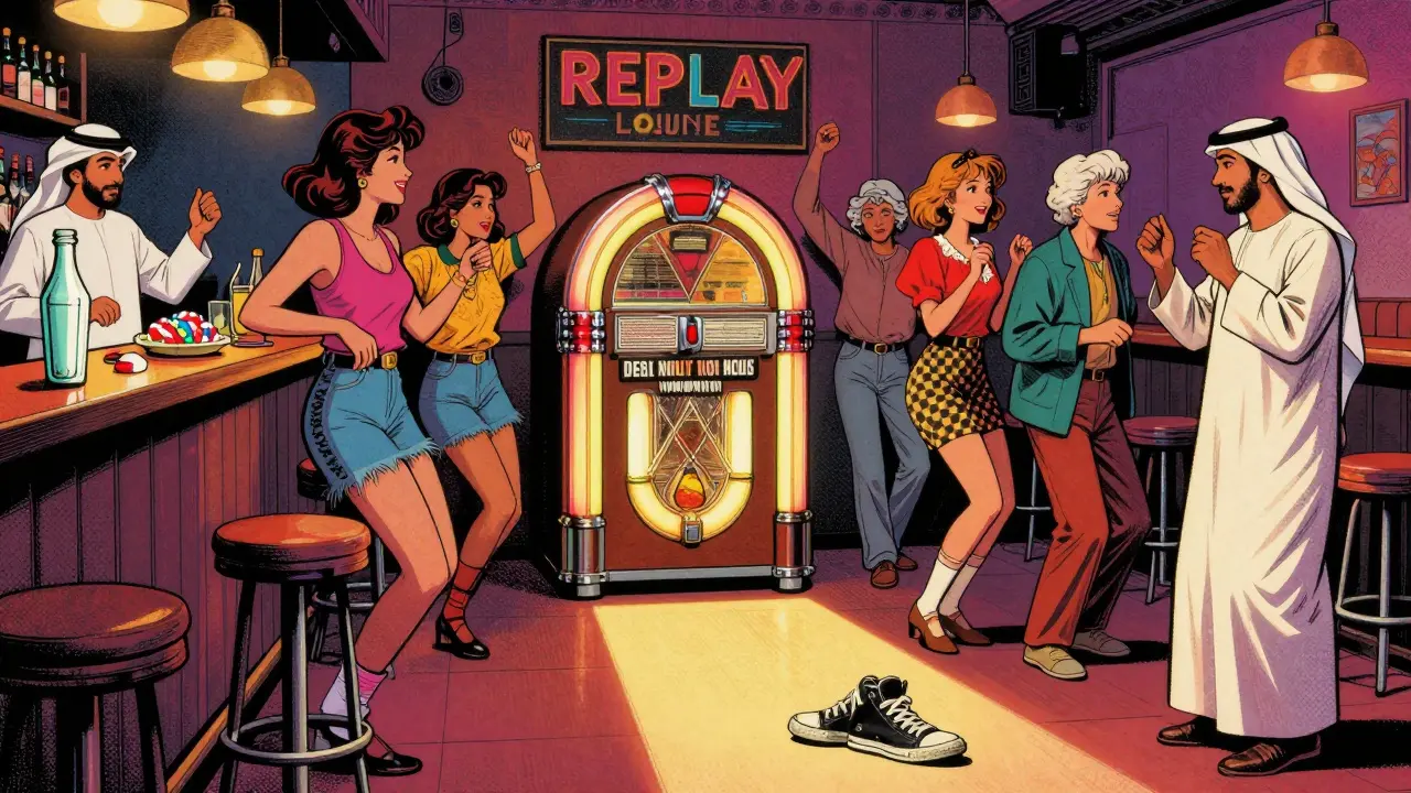 Diverse group dancing around a glowing jukebox in a cozy retro lounge, vintage snacks and bottles on the bar.