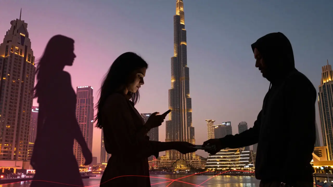Dubai's skyline at dusk with fragmented silhouettes of women overlaid, symbolizing hidden labor and exploitation.