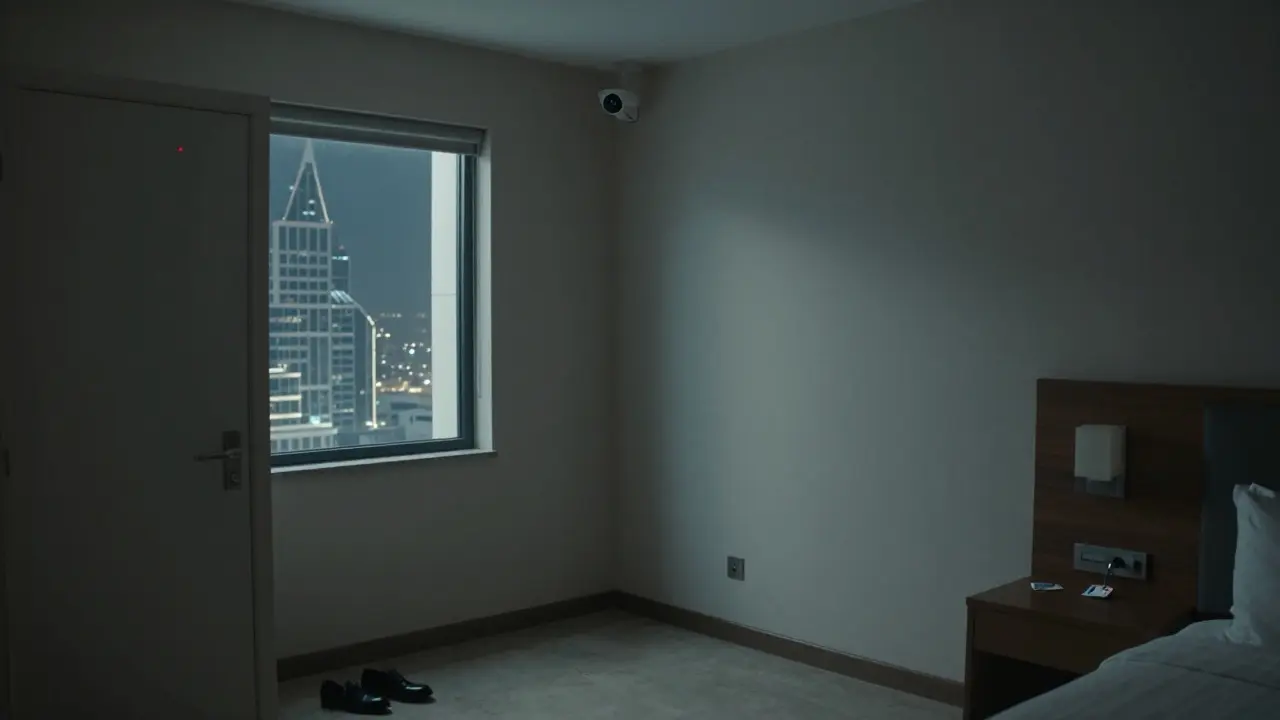 Empty hotel room in Dubai with a security camera glowing red, keycard and shoes on the nightstand.