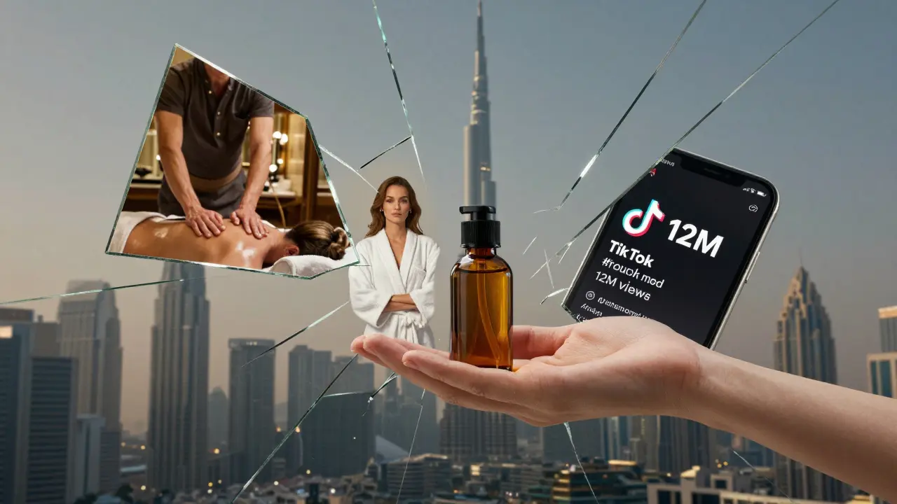 Fractured mirror reflecting global media scenes merging into a hand offering massage oil, symbolizing cultural influence.