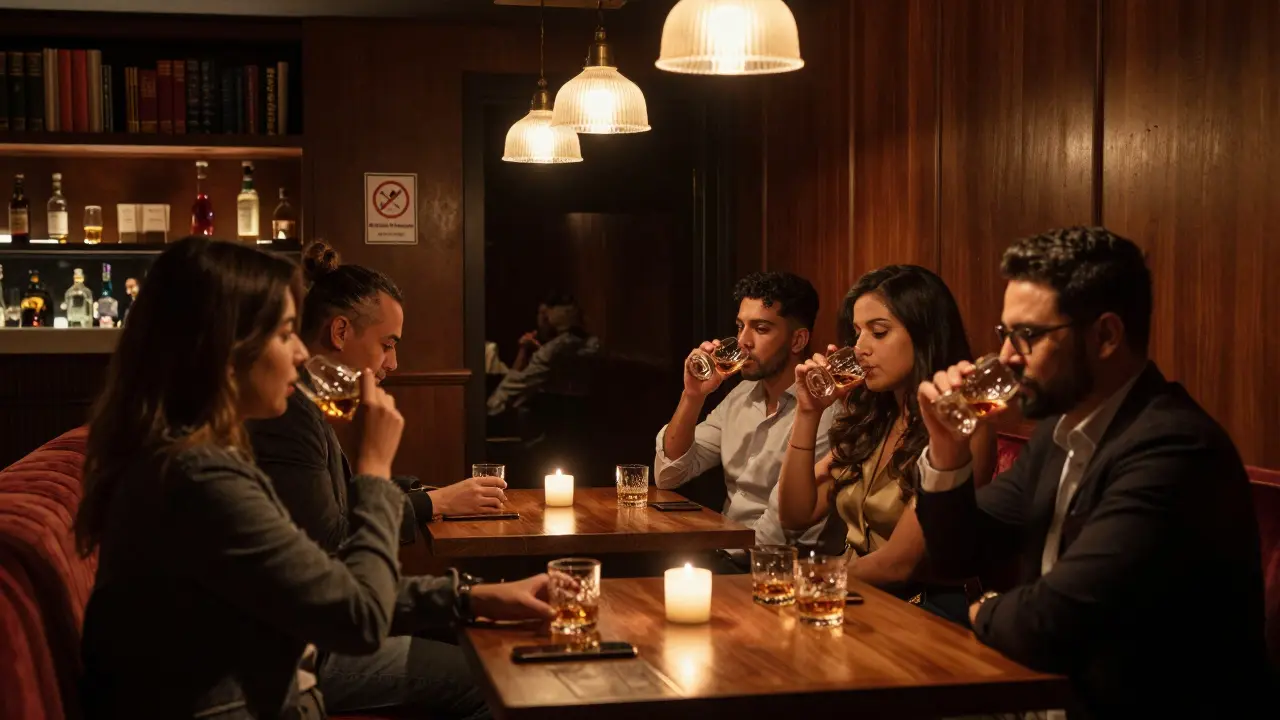 Intimate speakeasy lounge with candlelight, patrons sipping whiskey at wooden tables, no phones allowed.