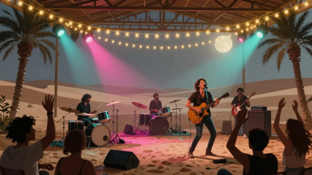 Live band performing under string lights in a desert warehouse with sand on the floor and moonlight streaming through rafters.