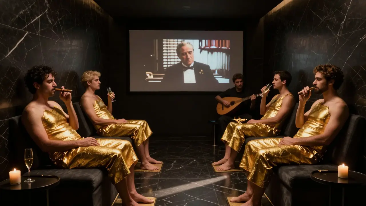 Men in minimalist spa setting after gold wrap, cigar and champagne in hand, oud player in background.
