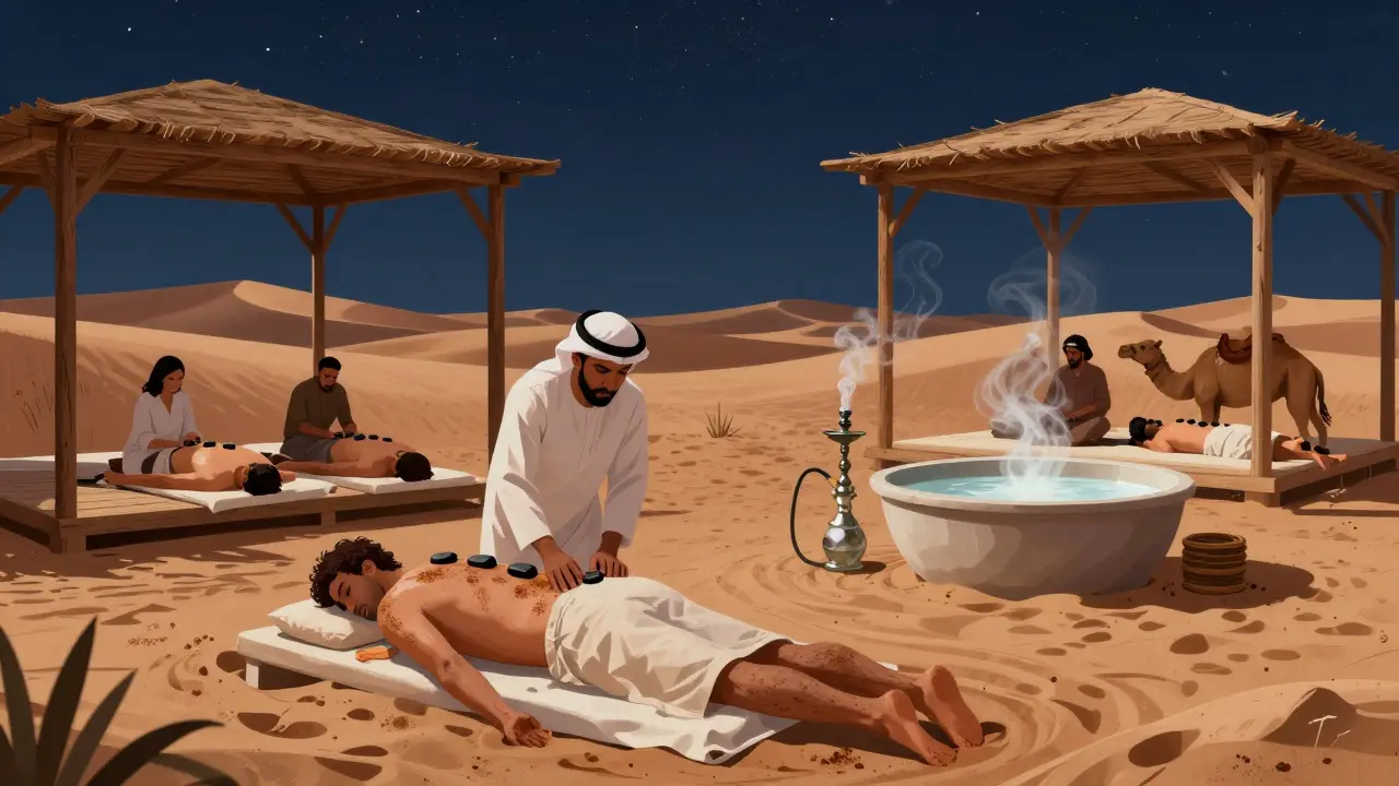 Men receiving desert spa treatments under stars at Al Maha Resort with hot stones and camel milk bath.