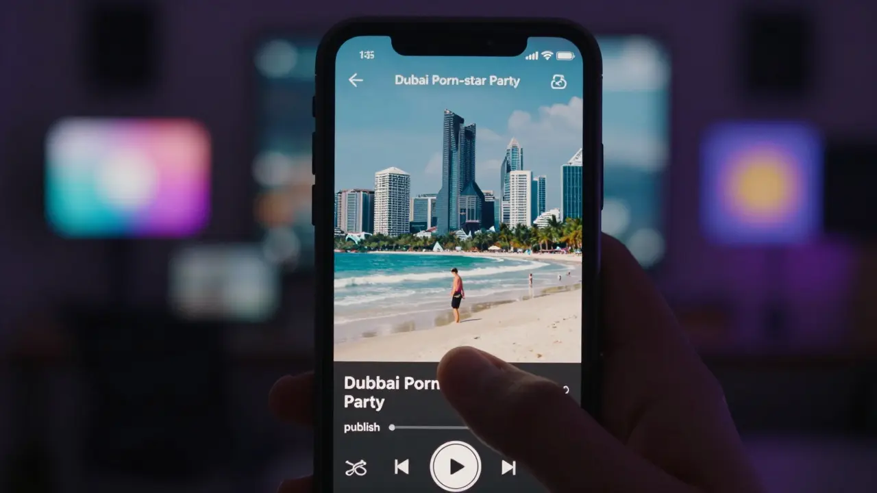 Smartphone screen showing edited video with Dubai skyline filter over Thai beach, misleading title displayed.