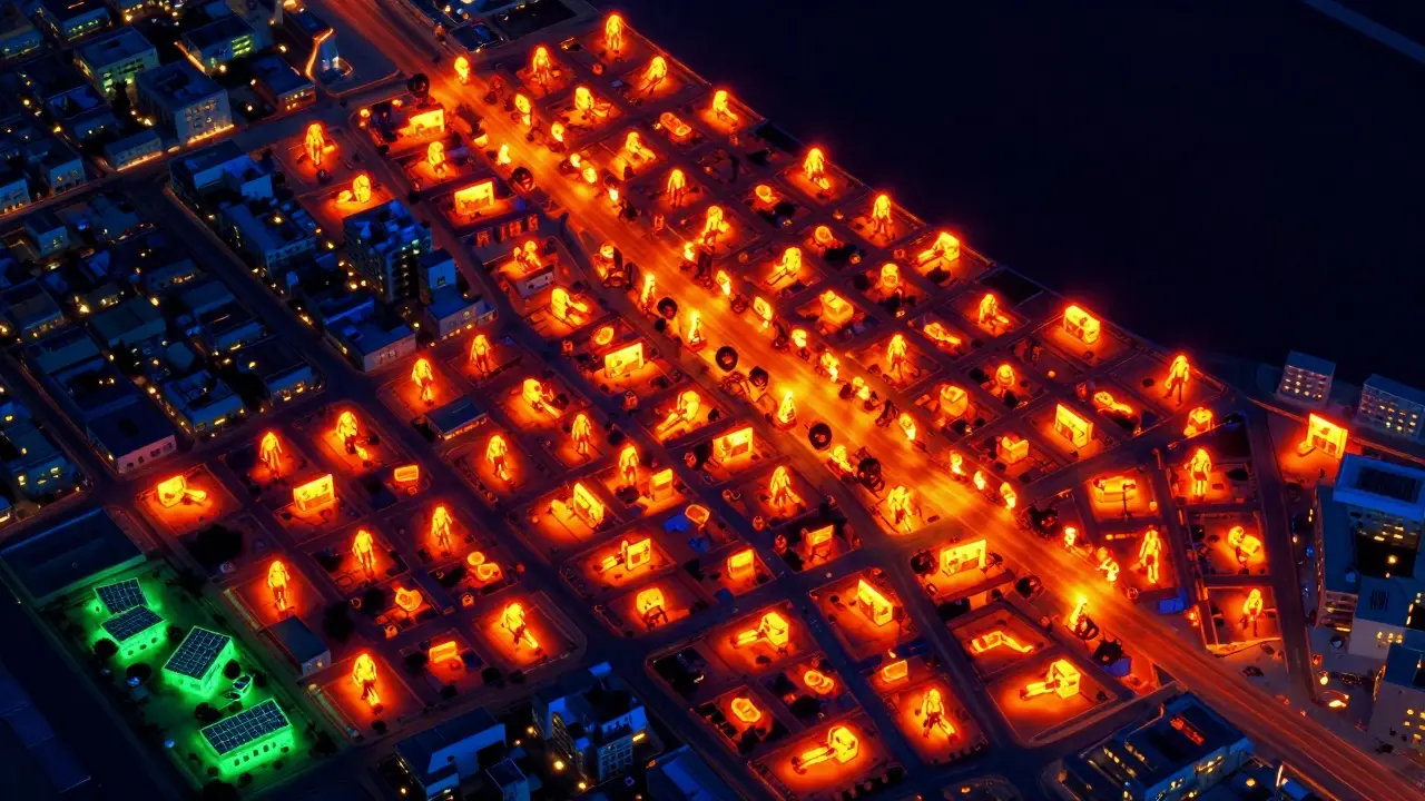 Thermal image showing heat signatures of unlicensed massage units scattered across Dubai’s residential areas.