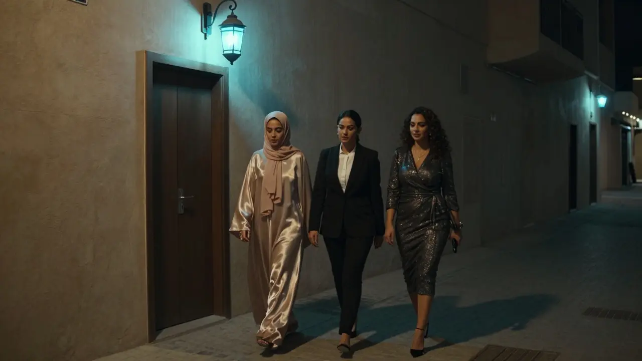 Three diverse women walking together toward a hidden entrance in a quiet Dubai alley, illuminated by a single lantern.
