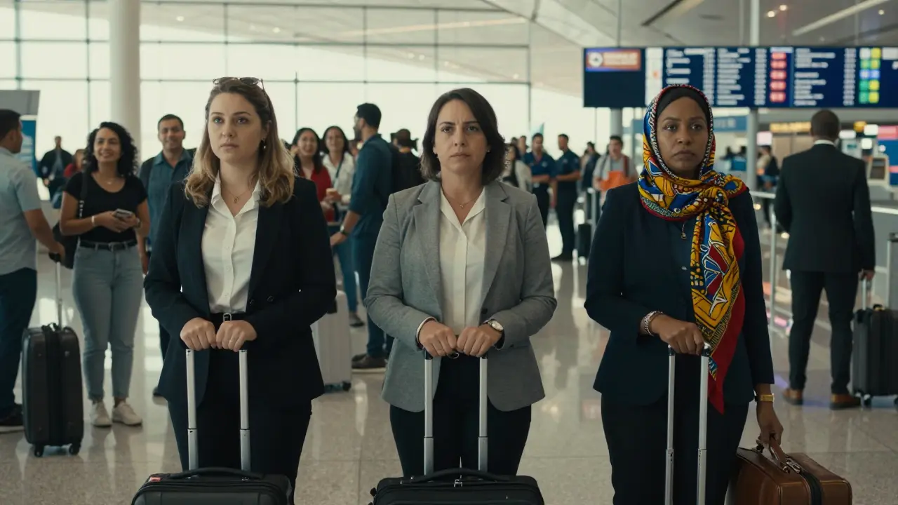 Three migrant women from different countries standing silently in a busy Dubai airport, surrounded by tourists.