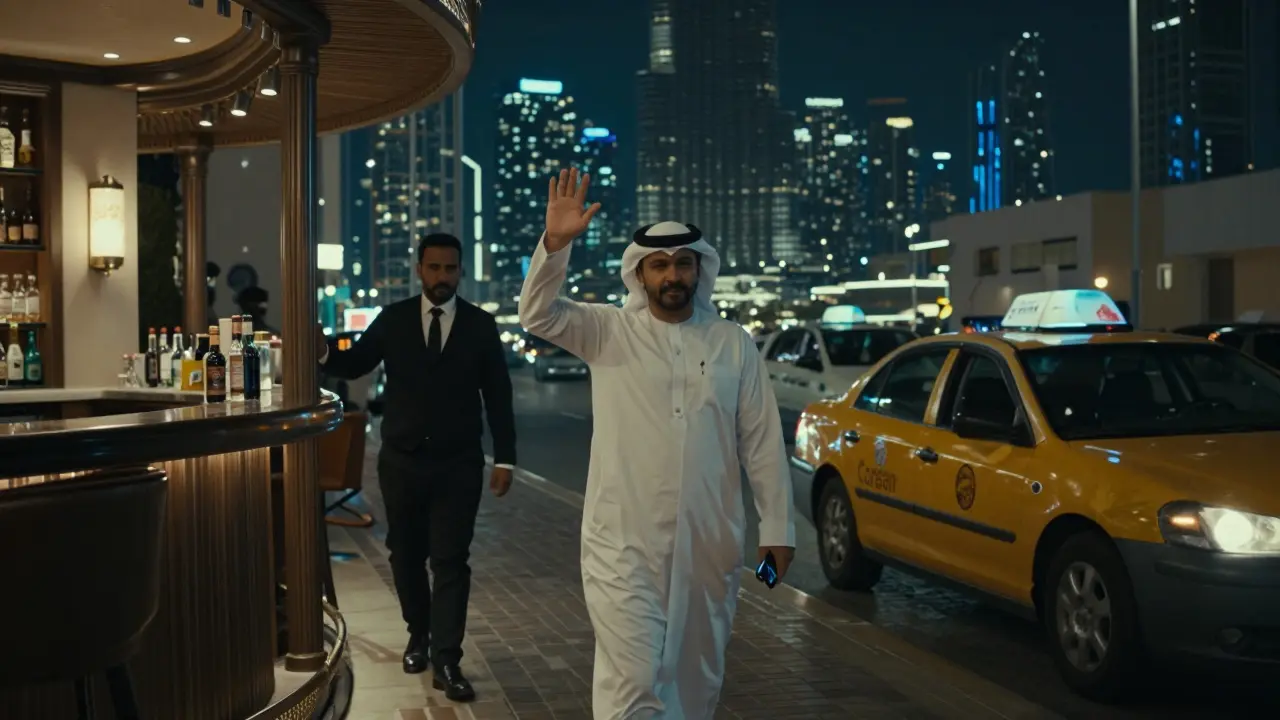 Tourist exiting hotel bar at night, calm and responsible, as a taxi arrives under Dubai’s glowing skyline.