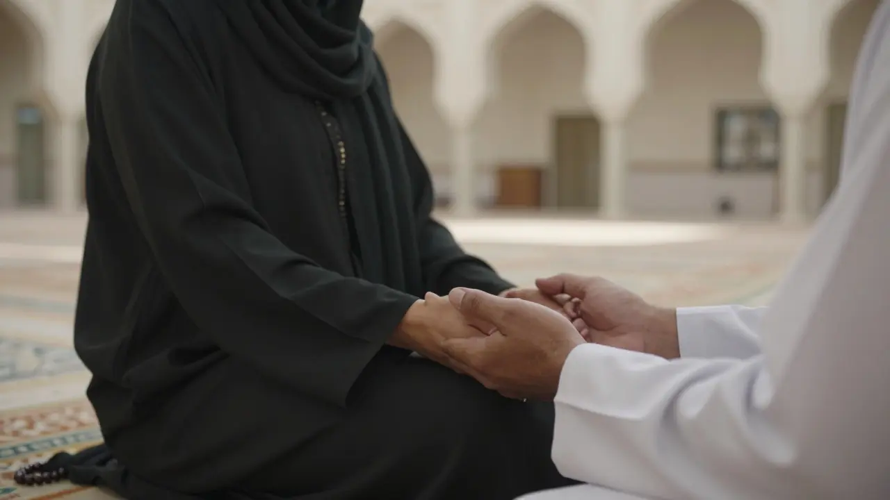 Two hands holding each other during Friday prayer in a quiet Dubai mosque courtyard.
