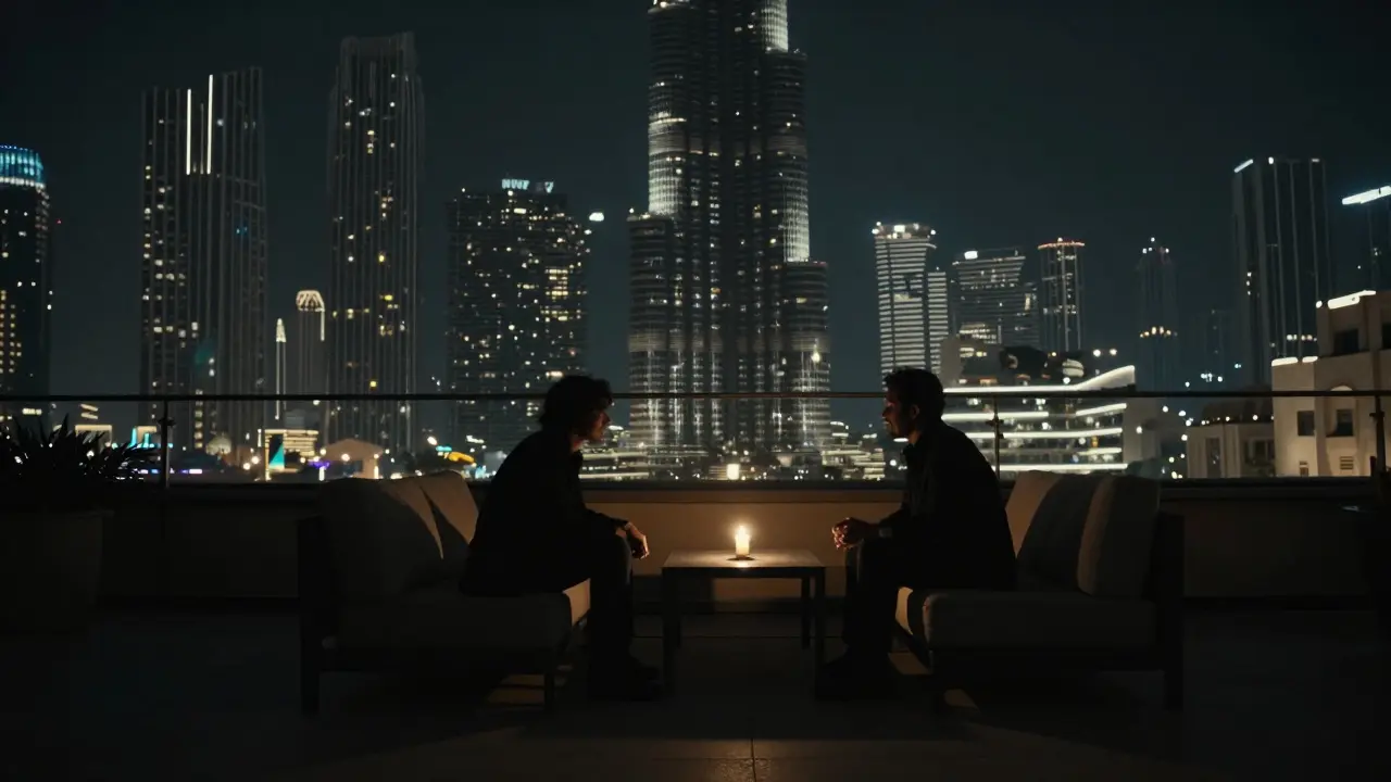 Two silhouetted figures on a rooftop at night, Burj Khalifa glowing in the distance, a single candle between them.
