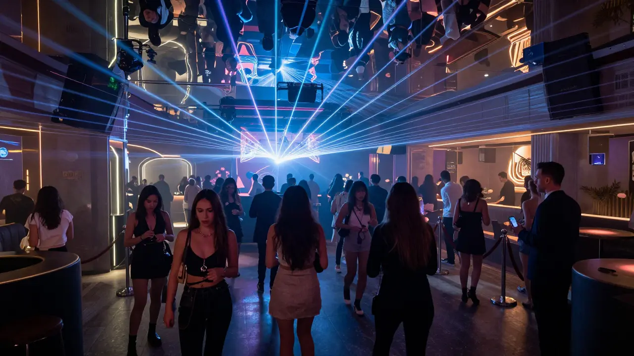 Vibrant nightclub with laser lights and dancers on a massive floor under strobes.