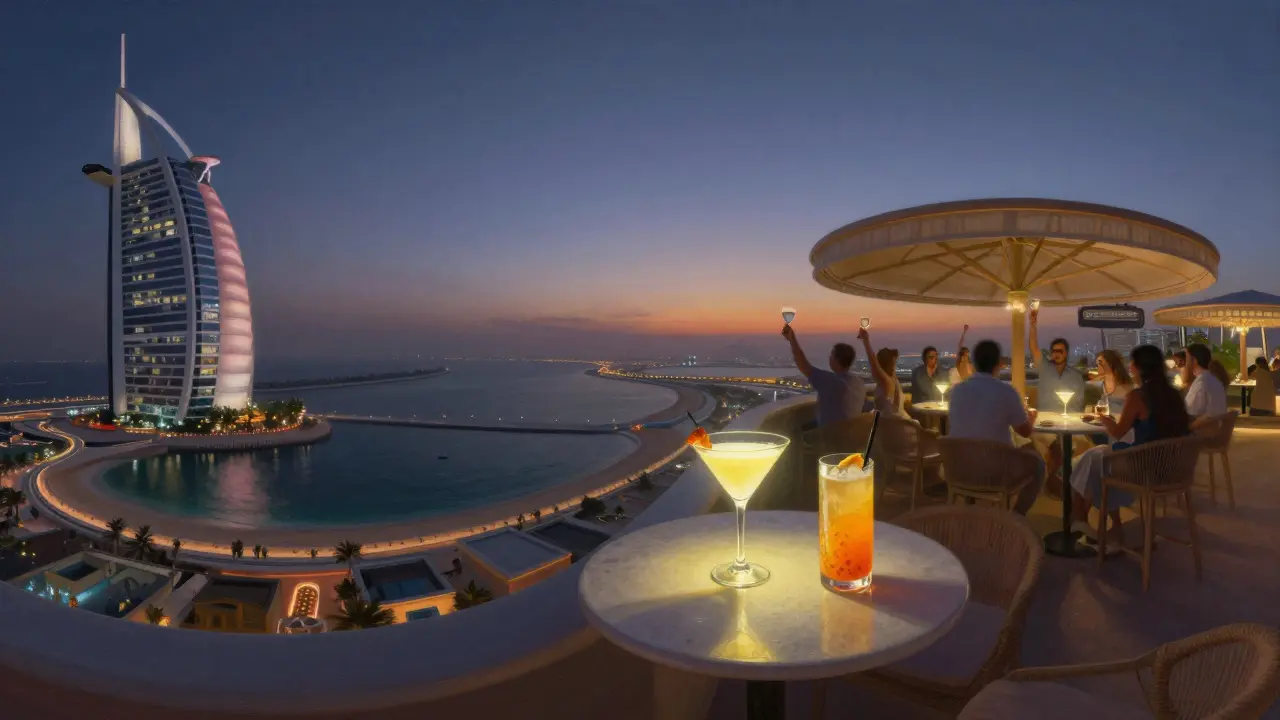 A circular rooftop bar with panoramic views of Dubai’s skyline, Palm Jumeirah, and the Arabian Gulf at twilight.