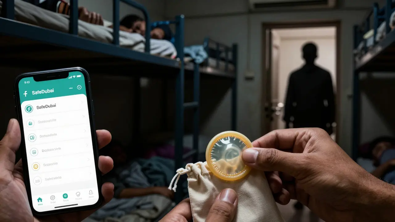 A condom is placed in a cloth bag in a crowded dorm, with a health app glowing in the background.