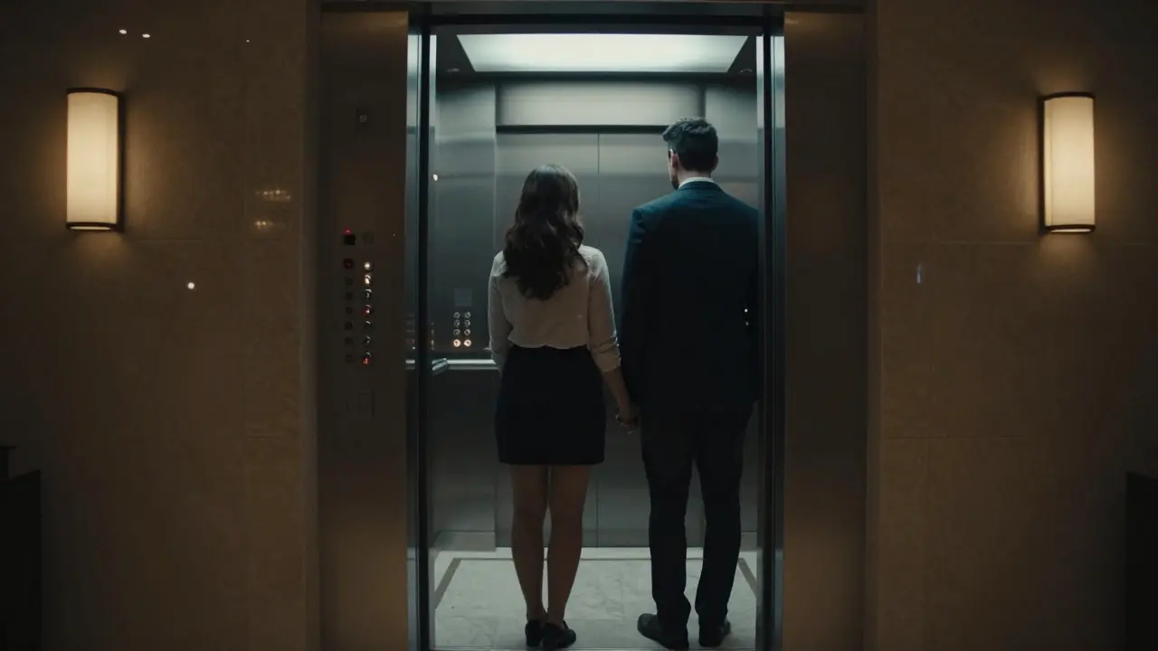 A couple in a Dubai hotel elevator, hands nearly touching, city lights visible through the glass doors, late at night.
