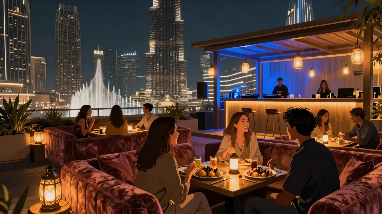 A cozy rooftop lounge with plush seating and soft lighting, featuring the Burj Khalifa and Dubai Fountain in the distance at night.