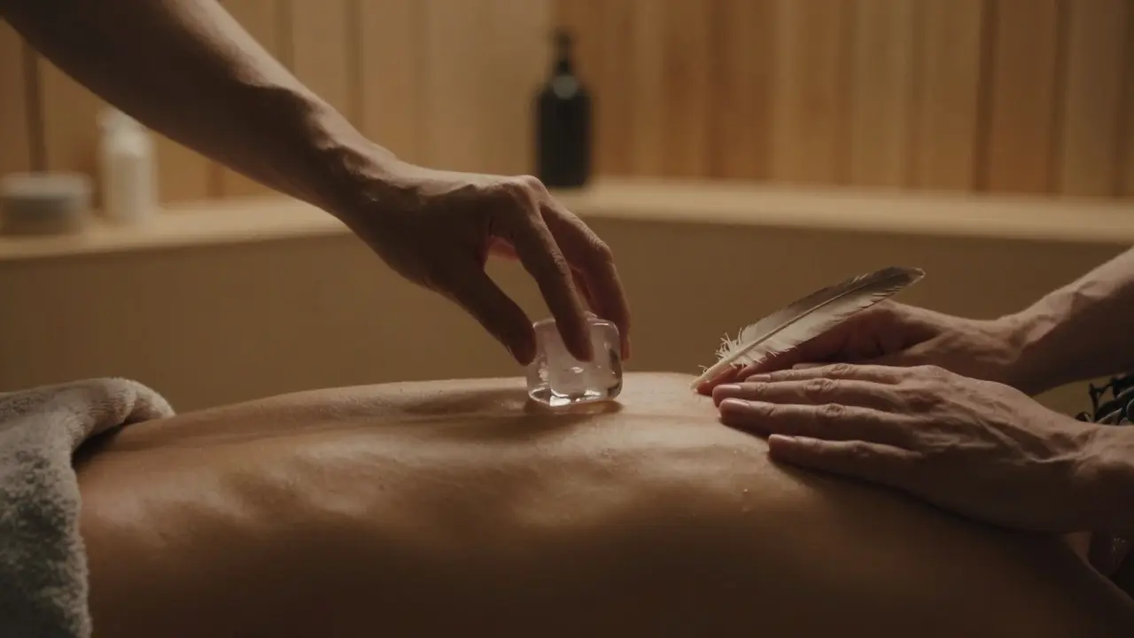 A hand holding ice against skin while a feather traces the spine in a minimalist wellness room.