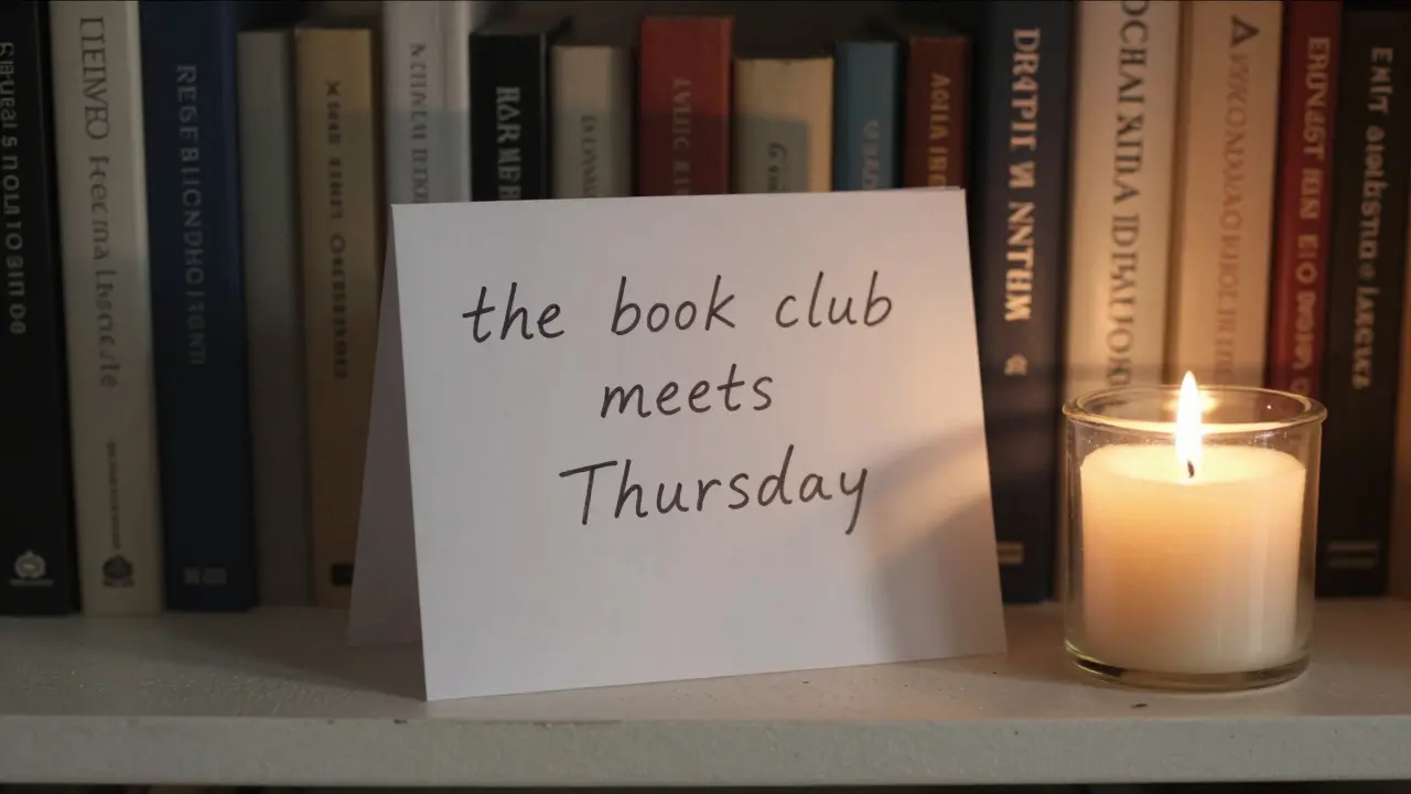 A handwritten note saying 'the book club meets Thursday' beside a flickering candle on a bookshelf.