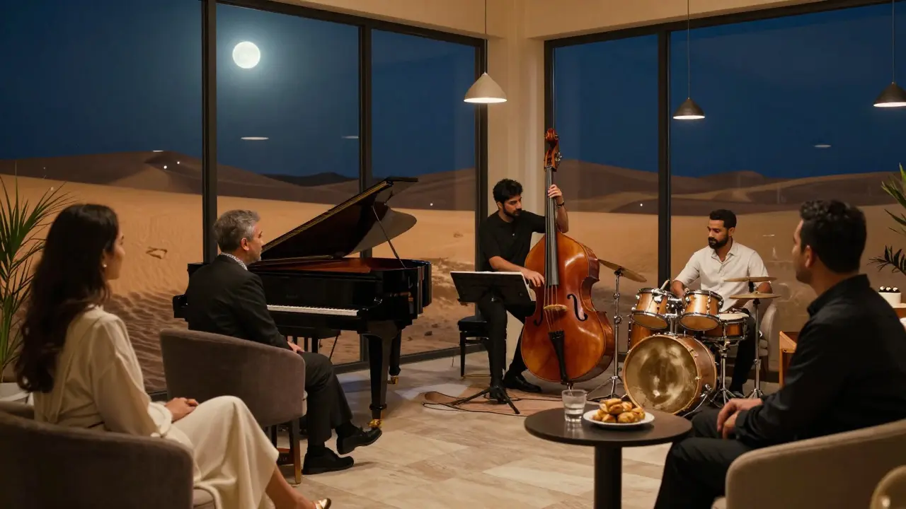A jazz trio plays in a desert-view lounge as elegant guests listen in quiet awe.