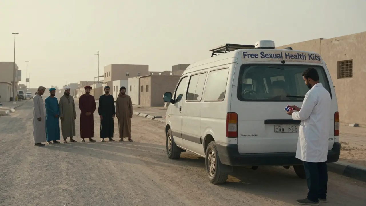 A mobile health clinic sits unused near a labor camp as workers hesitate to approach.