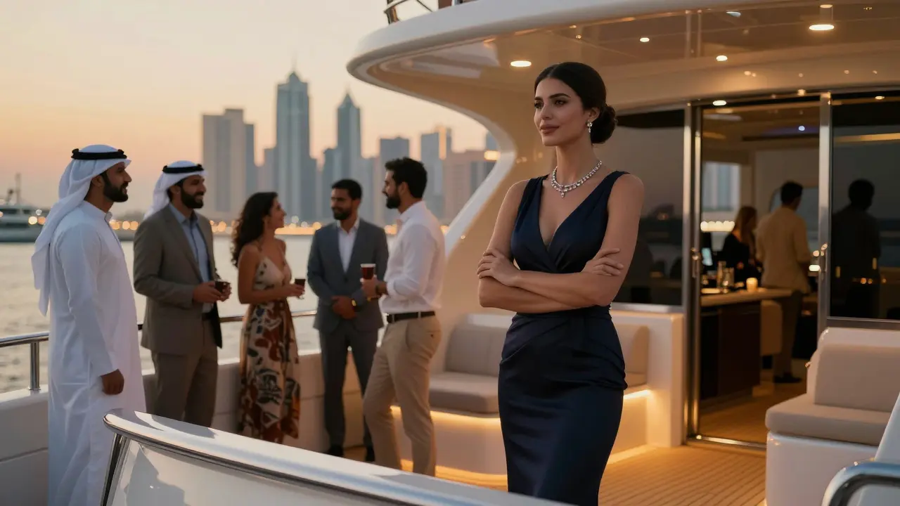 A poised woman standing beside a luxury yacht at sunset, surrounded by guests, no physical contact, Dubai skyline in the background.