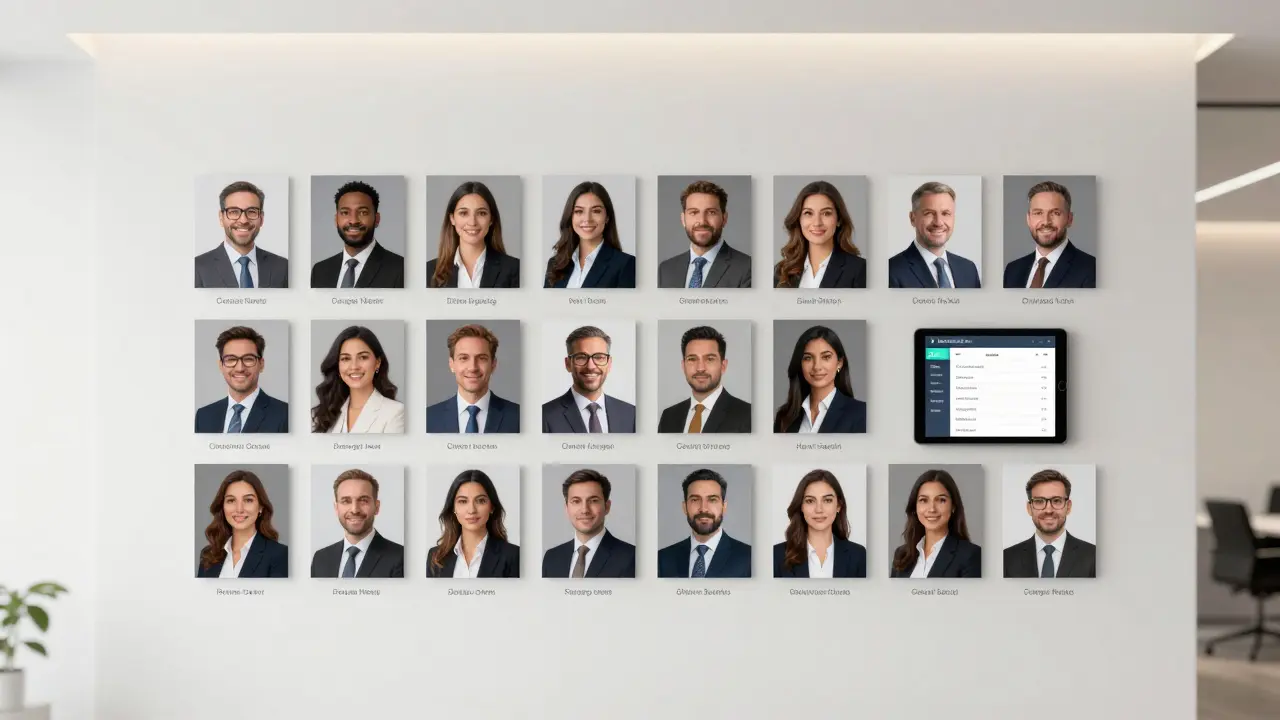 A professional agency office with wall displays of vetted companions, clean modern design, no explicit content, just business profiles.