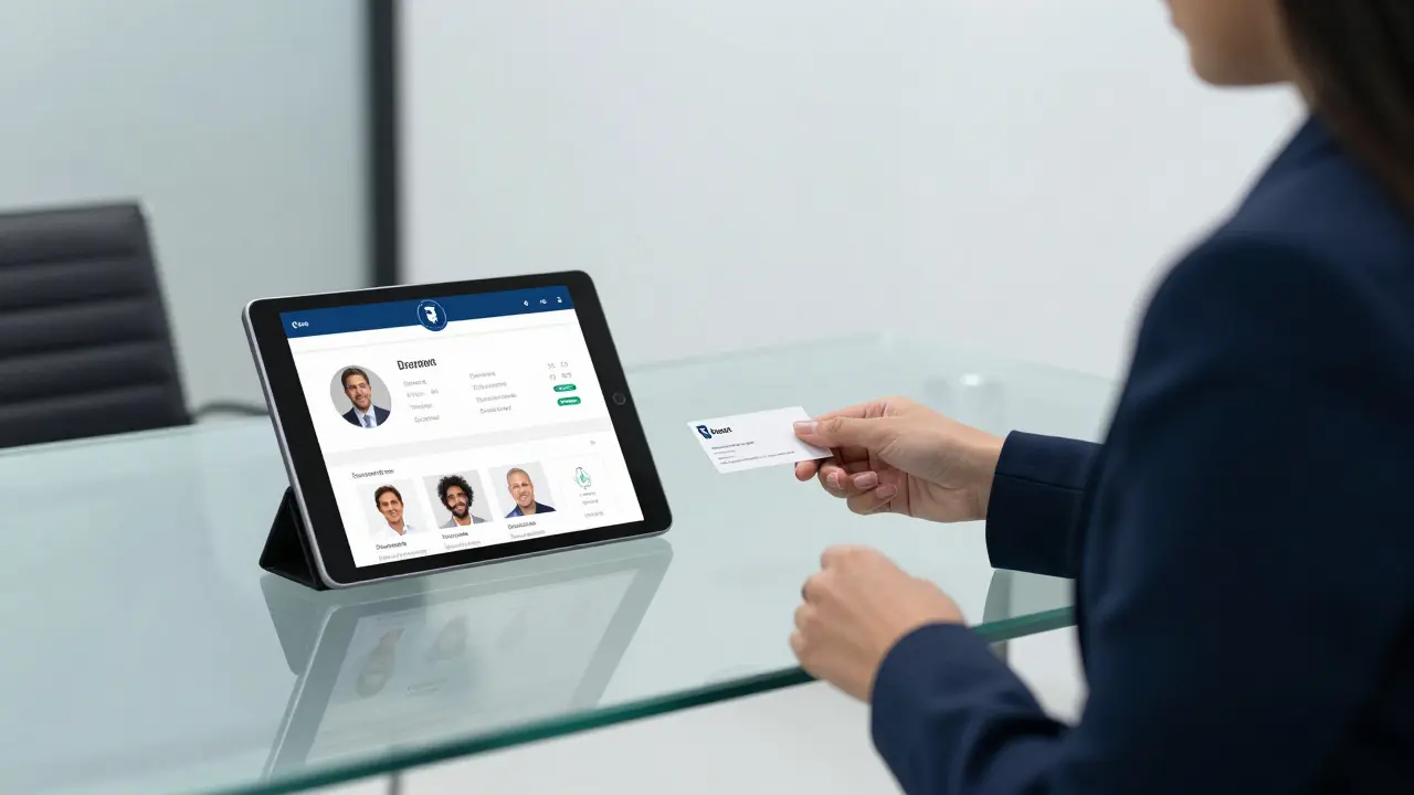 A professional escort agency representative presenting a verified client profile on a tablet.