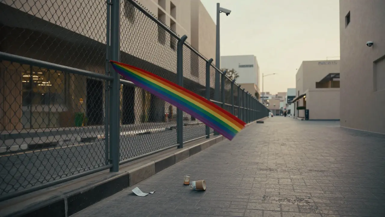 A single rainbow ribbon tied to a fence in a quiet Dubai alley at dawn, no people present.
