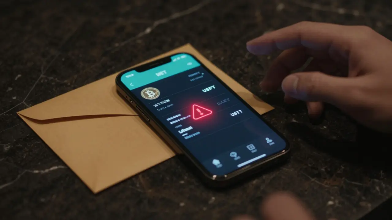 A smartphone showing cryptocurrency wallet with a warning symbol beside an envelope of cash.