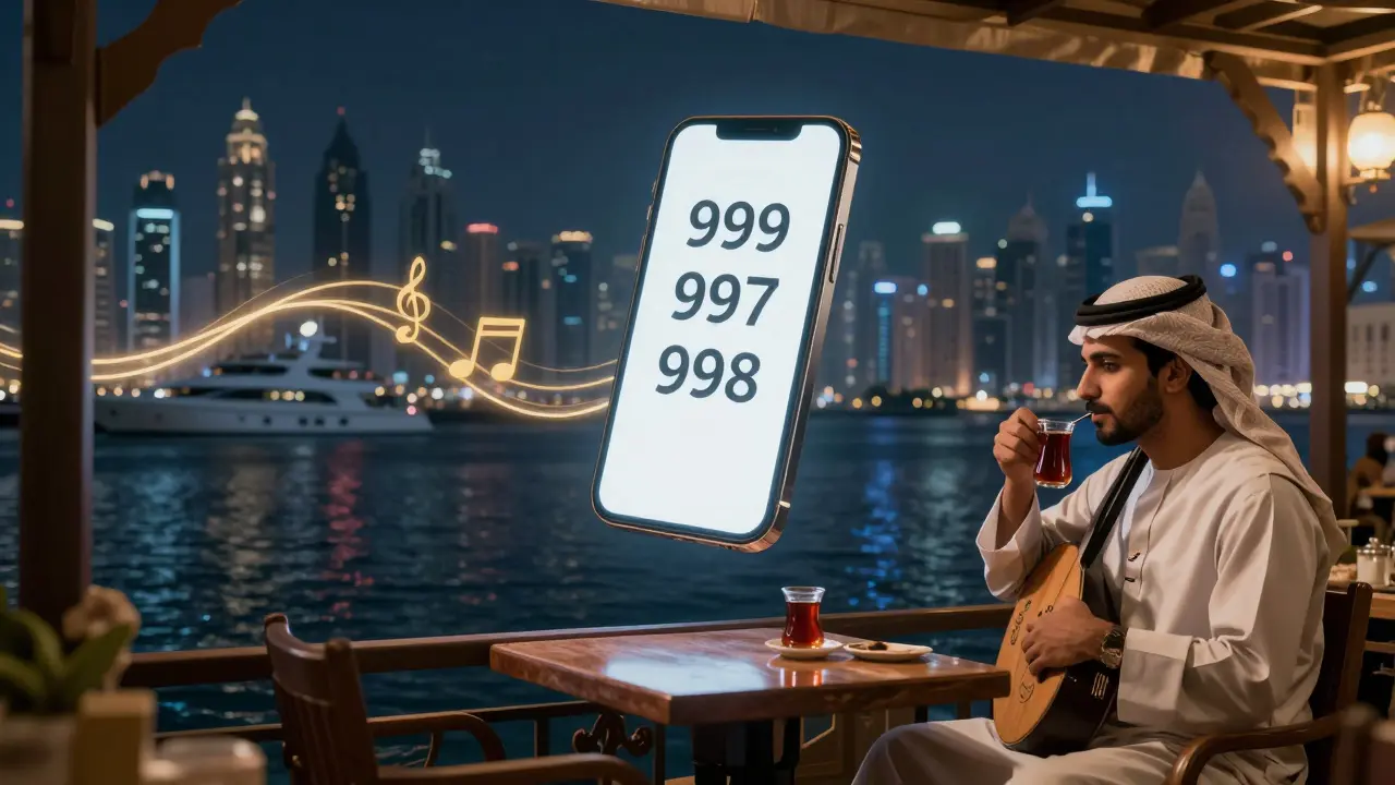 A smartphone showing emergency numbers floats above a quiet Dubai Creek scene, a man sipping tea under soft moonlight.
